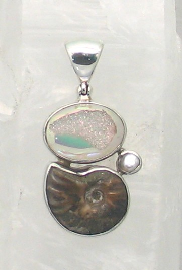 SB P-0208 MLT  (Quartz Druzy, Fresh Water Pearl, and Ammonite)